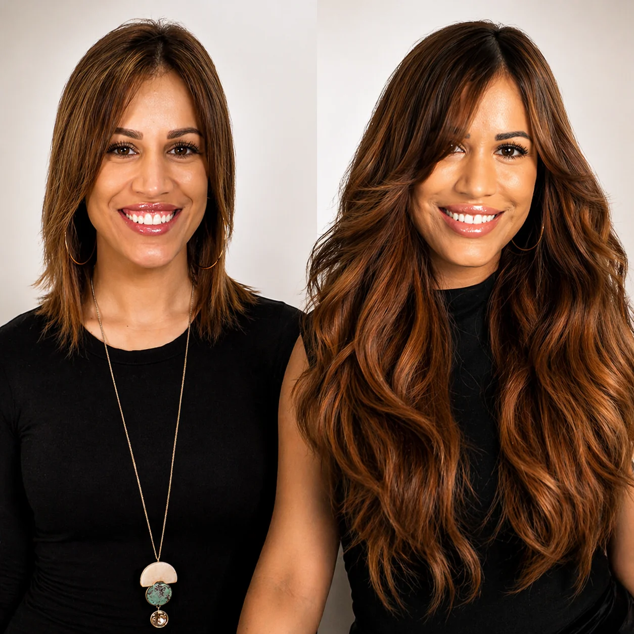 Before and after: Monaco hair extension transformation — brunette volume and length