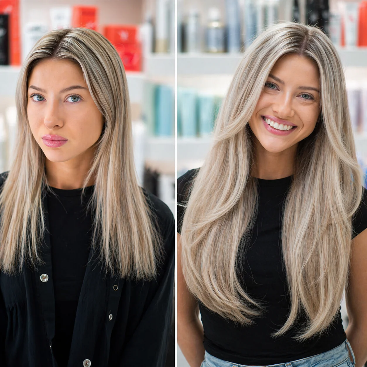 Before and after: Monaco hair extension transformation — ash blonde length and fullness