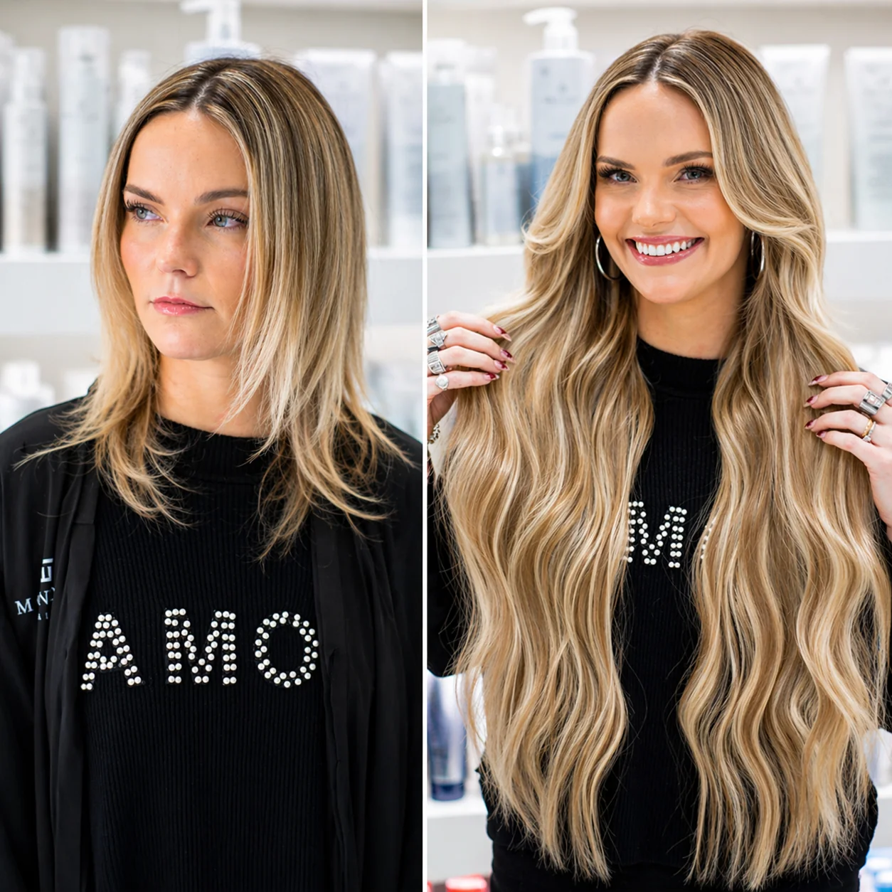 Before and after: Monaco hair extension transformation — warm blonde volume and texture